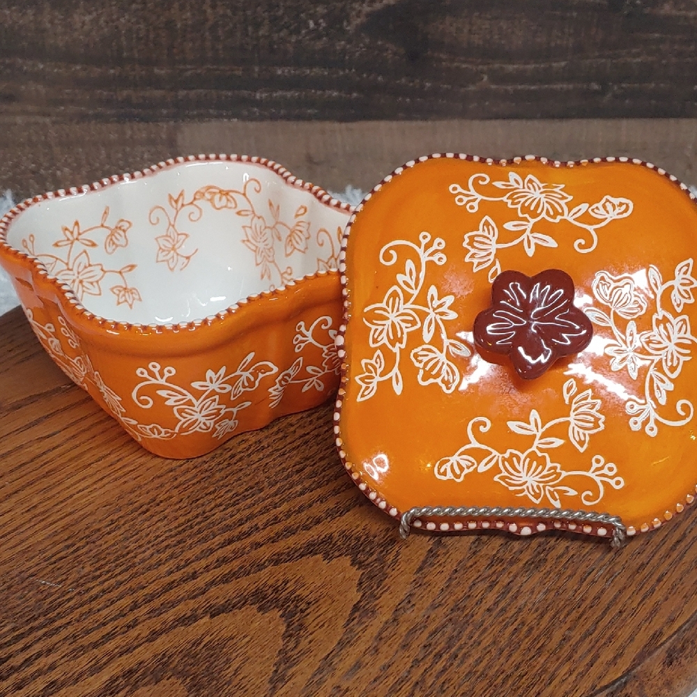 Temp-tations Orange Floral Ceramic Dish New